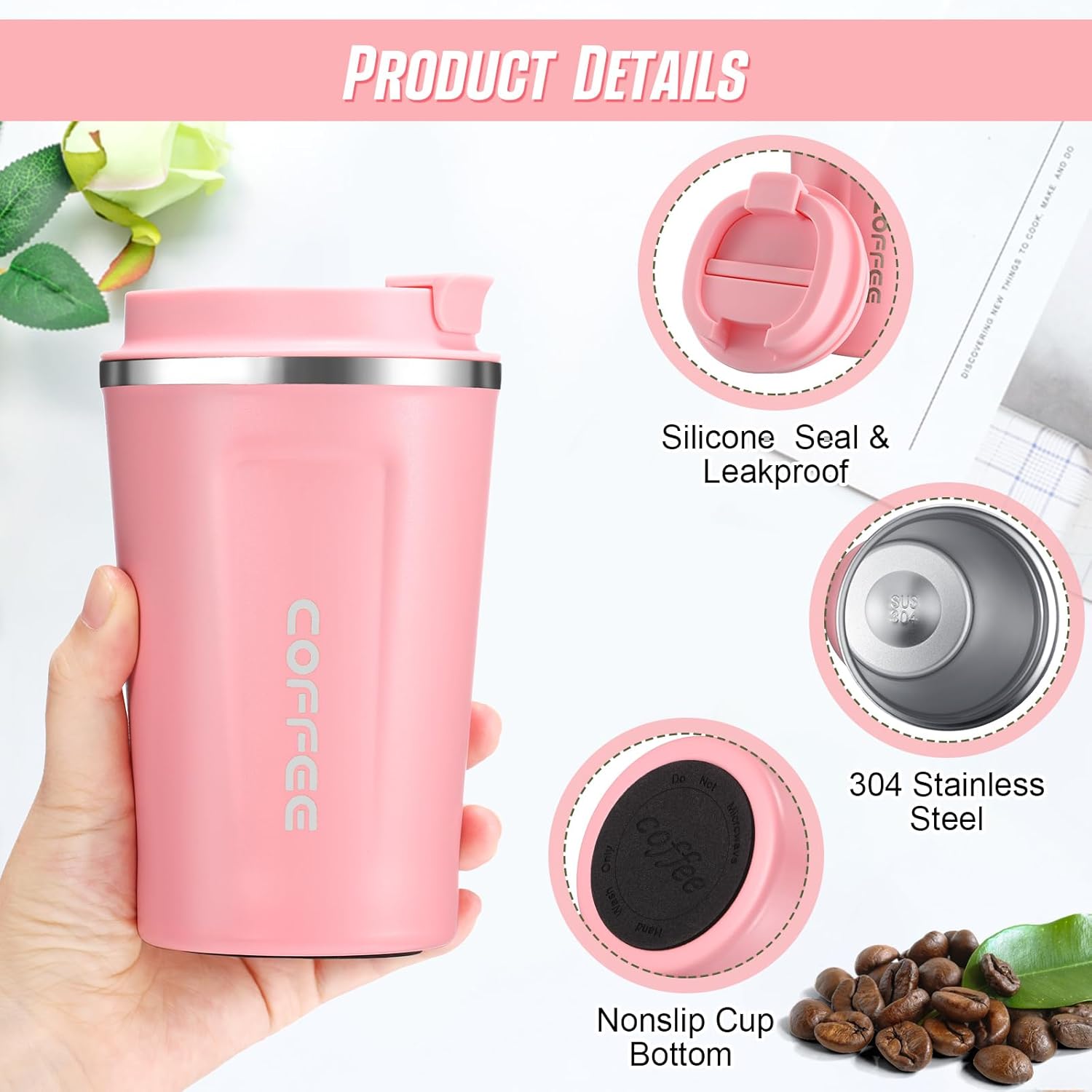 Sieral 4 Pcs 13 oz Travel Coffee Mug Insulated Reusable Coffee Cups with Leakproof Lid Stainless Steel Portable Tumbler for Keep Hot or Ice Milk Tea(Pink)