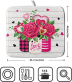 Valentine's Day Rose Flower Dish Drying Mat for Kitchen Counter,Mason Jar Pink Love Heart Drying Mat 16 x 18 Inch with High Absorbent Microfiber Drainer Mat for Coffee Bar