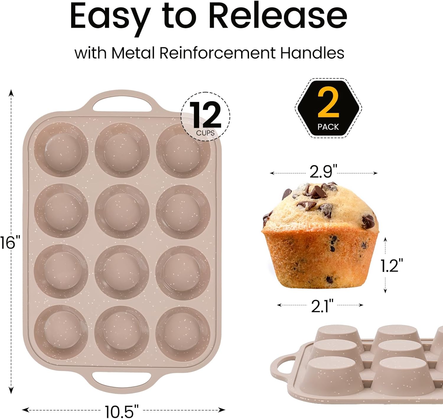 Vinino 2Pack Silicone Muffin Pans for Baking with Metal Reinforced Frame, 12 Cups Regular Size Nonstick Silicone Cupcake Pan, BPA Free Oven Dishwasher Safe Baking Mold for Muffins Cupcakes