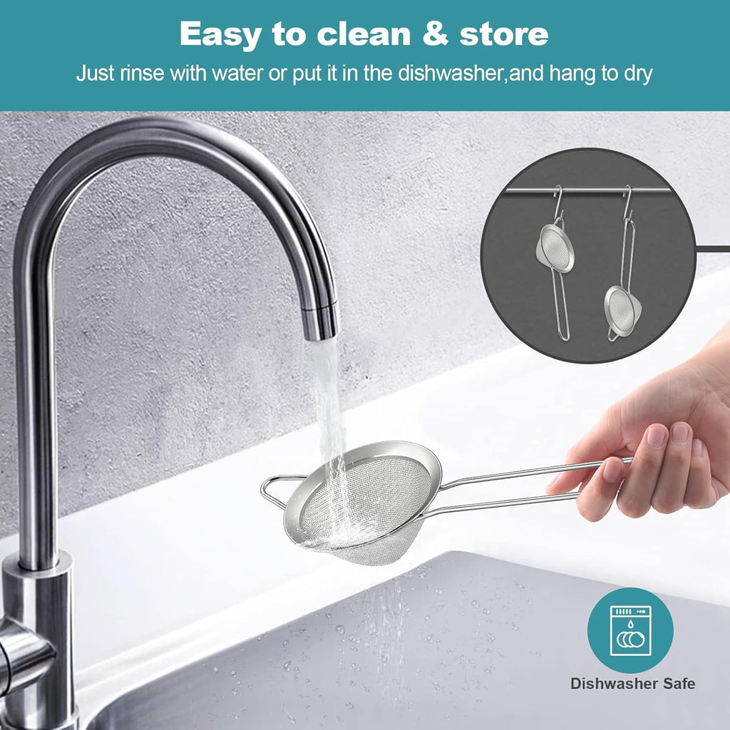 2 Pack Fine Mesh Strainer, Small Stainless Steel Sieves with Handles, for Steeping Loose Leaf Tea, Straining Cocktail, Juice and Sifting Flour, Powdered Sugar (2pcs-Conical)