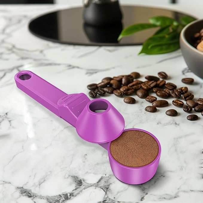 Coffee Scoop & Funnel for Reusable K Cup Refillable Coffee Pods, Coffee Measuring Spoon 2 Tablespoon Capacity, Scoop with Funnel for Ground Coffee, Protein Powder, Tea (Purple, 2 Pack)
