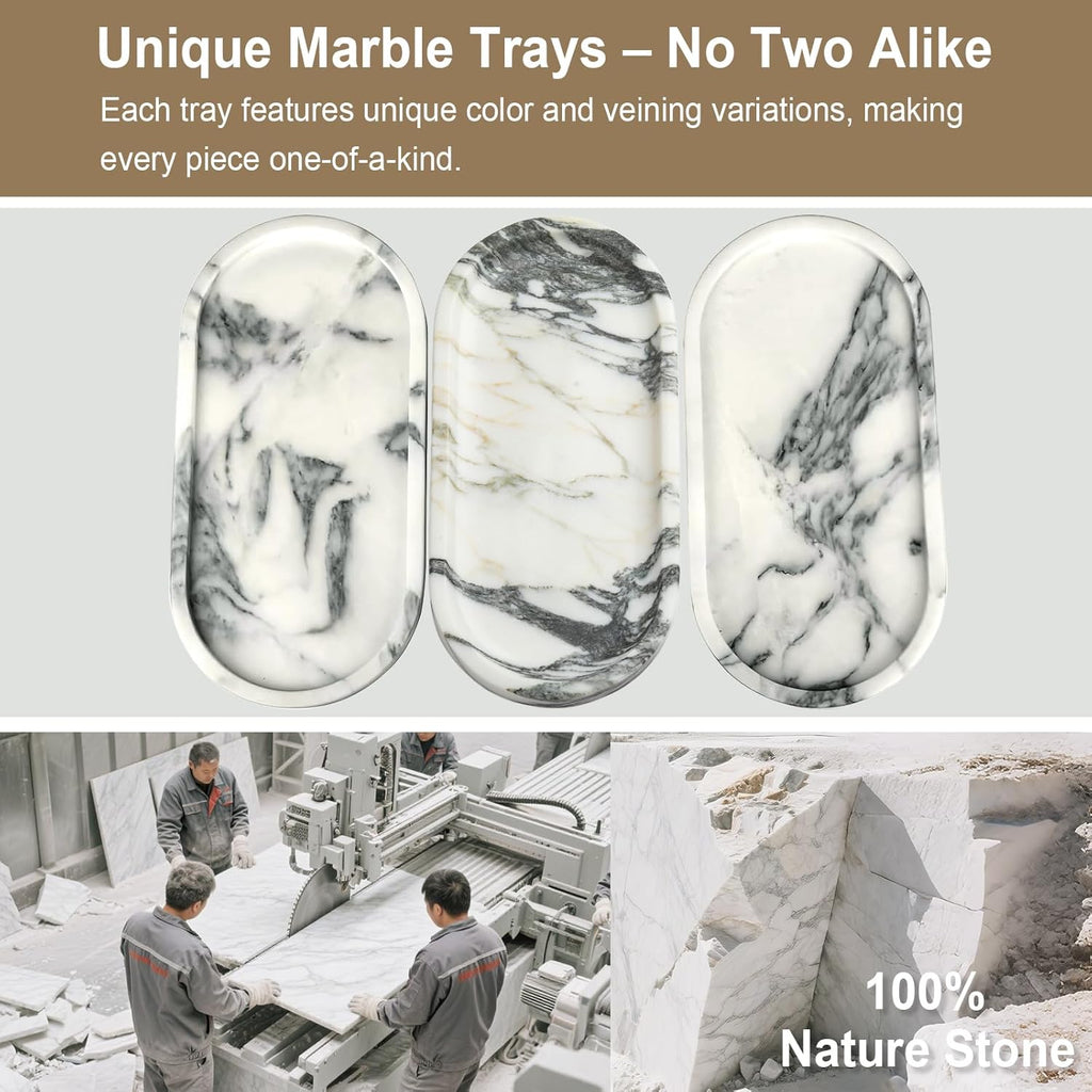 Natural Marble Vanity Tray - Moujings Genuine Marble Perfume Tray for Bathroom Decor, Stone Bathroom Vanity Organizer Tray for Kitchen Counter, Candles, Jewelry, Coffee, Makeup, Key