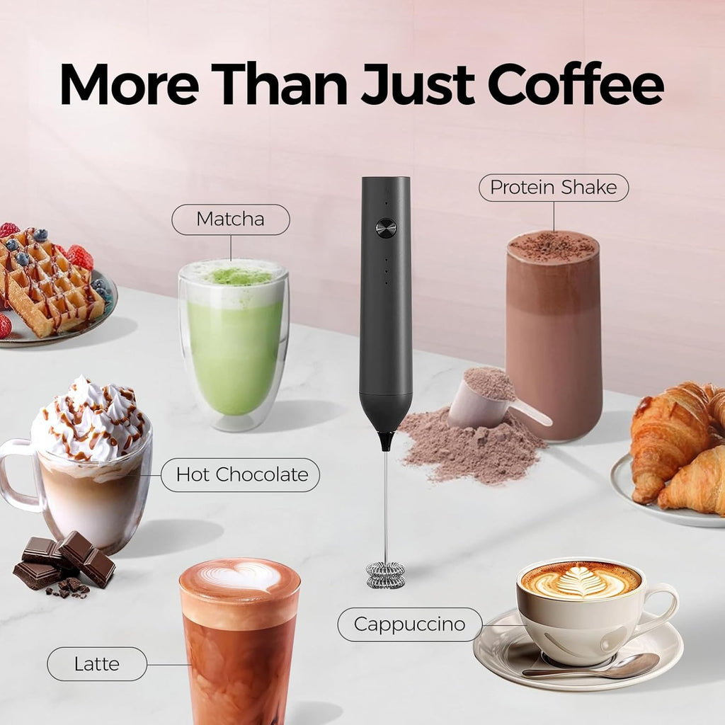 YARRAMATE Electric Milk Frother Wand, Fast Rechargeable Coffee Mixer with 2 Heads 3 Speeds, Handheld Drink Stirrer, Whisk Foam Maker for Lattes, Cappuccino, Matcha, Hot Chocolate (Black)