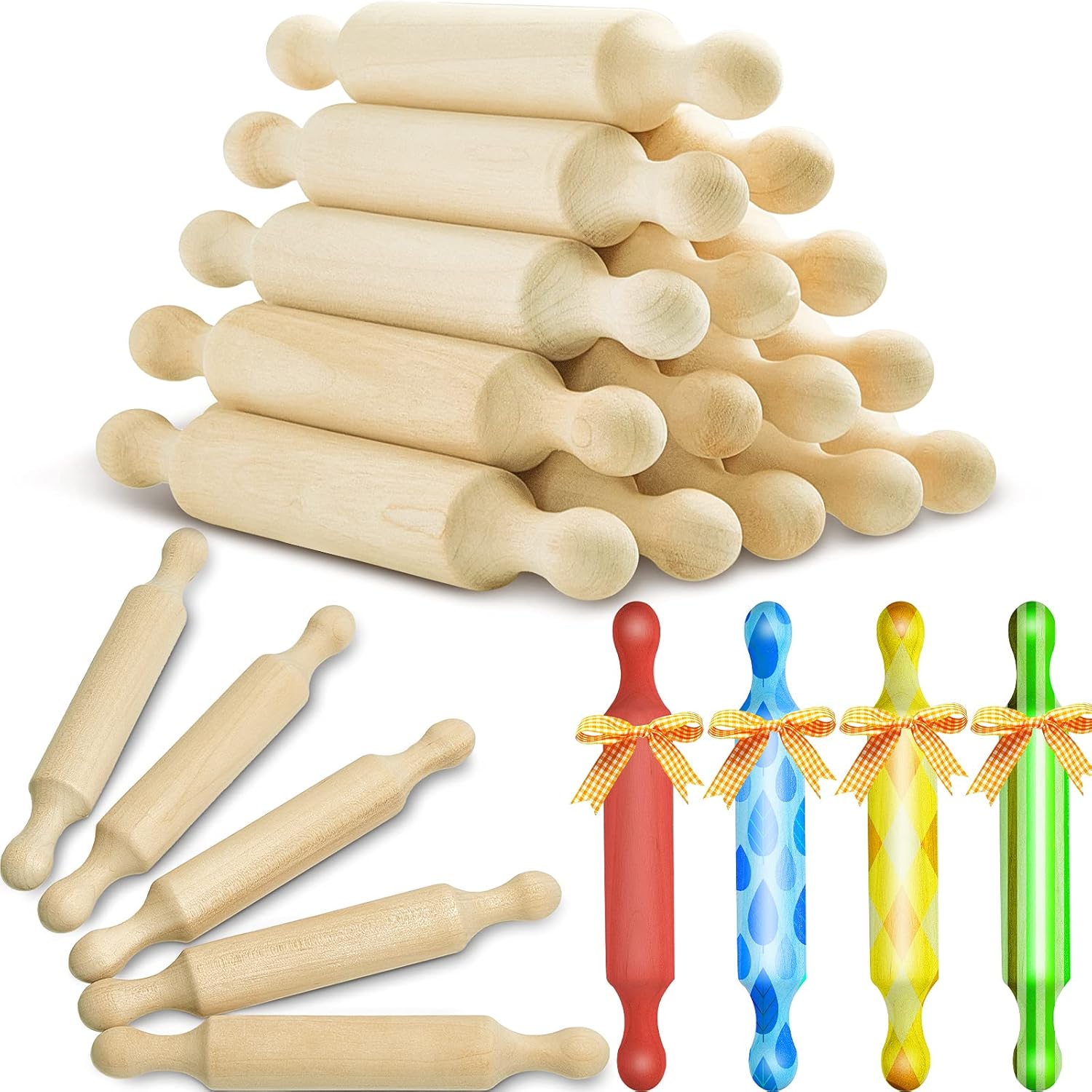 Suclain 15 Pcs Wooden Mini Rolling Pin Long Kitchen Baking Small Dough Rolling Pin for Children Fondant Pastry Pizza Crafting and Imaginative Play for Halloween and Christmas Presents (7 Inches)