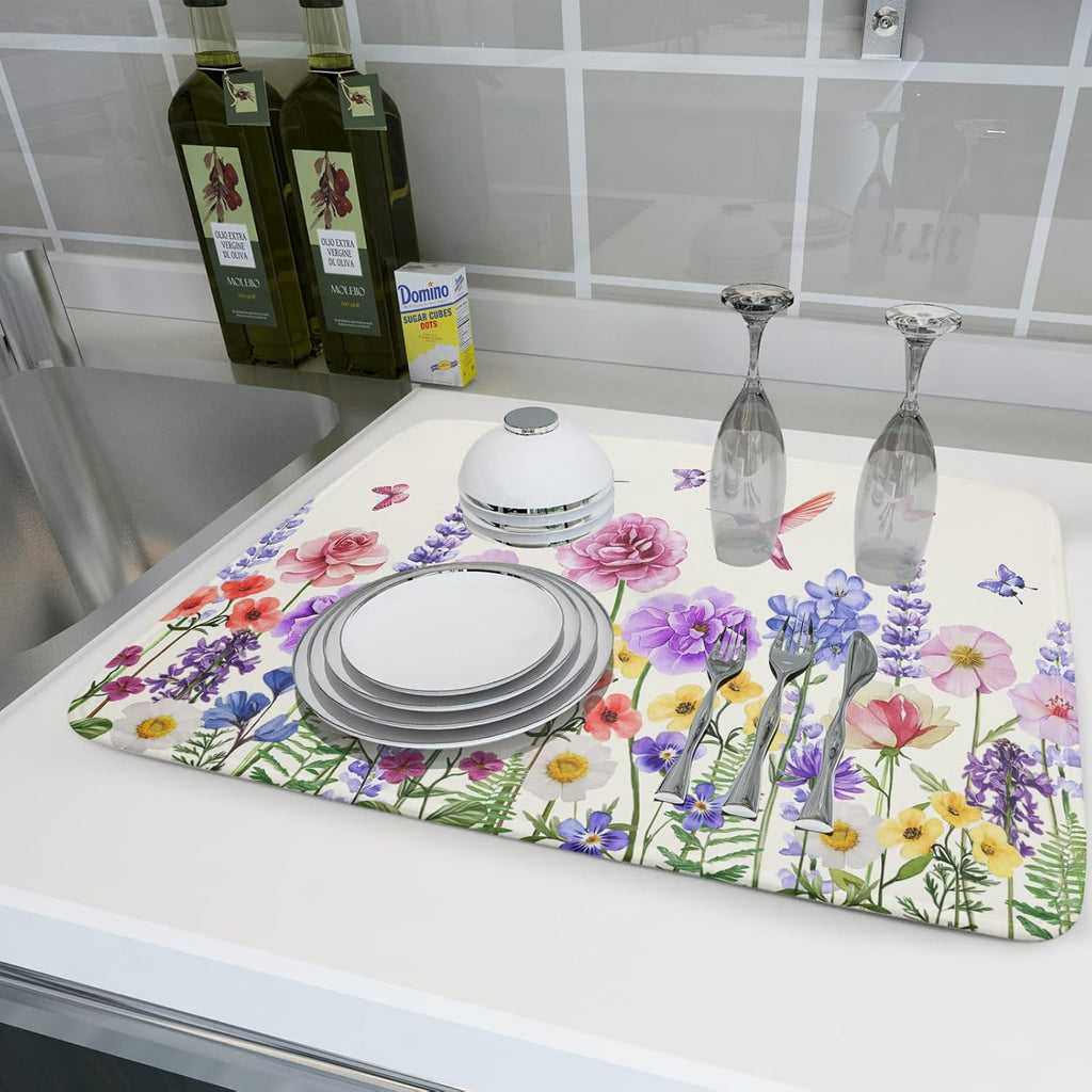 Giwawa Hummingbird Flower Dish Drying Mat 18x24 inch Watercolor Spring Herb Floral Dish Drainer Mats Wildflower Plant Reversible Microfiber Dish Drying Pad for Kitchen Countertop Large Decor
