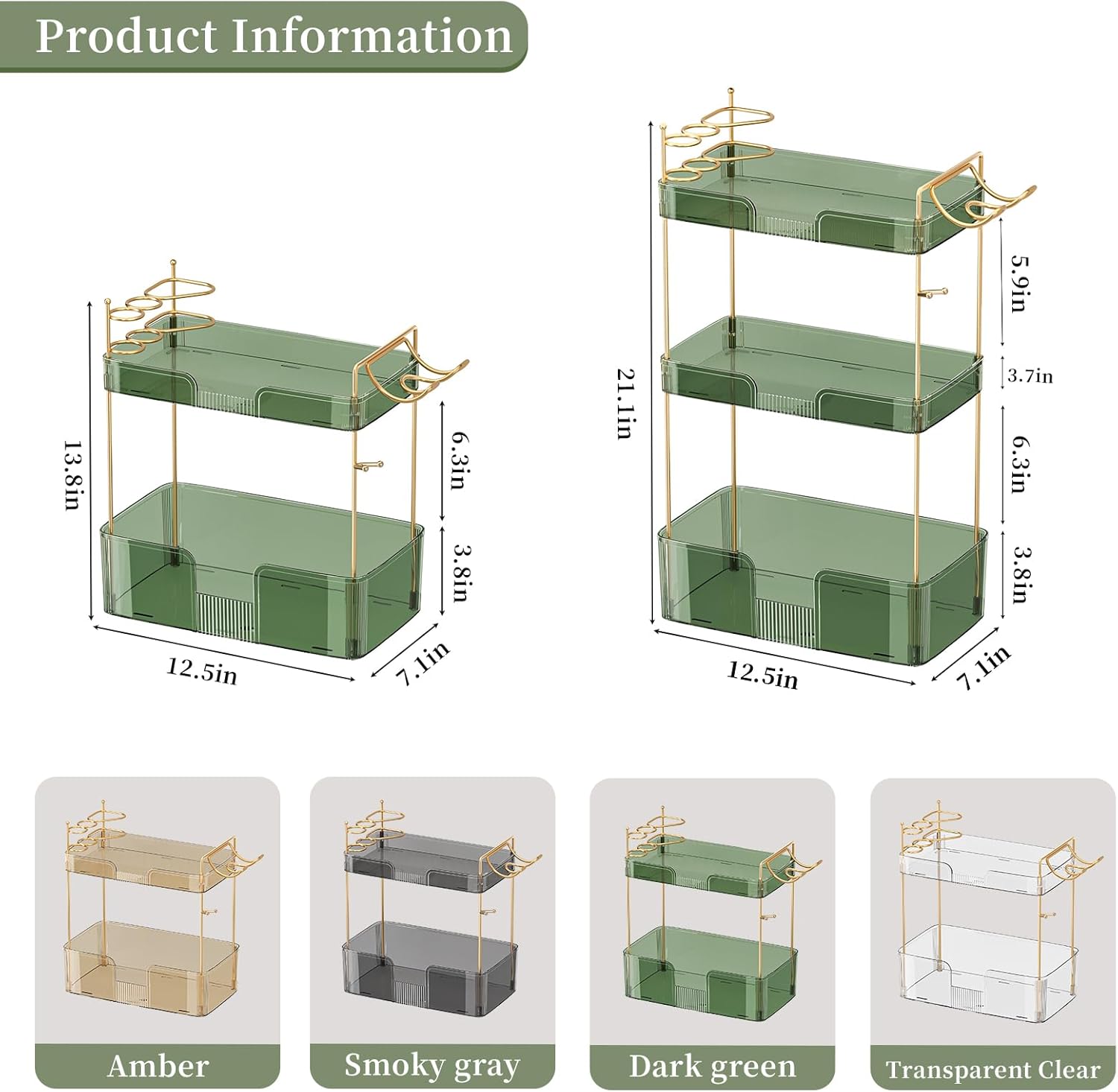 YCIA&DONE Bathroom Counter Organizer, Large Makeup Organizer Countertop, Shelf Storage, Vanity Tray, Easily Assemble for Bathroom Organizers and Storage, Undersink, Cabinet, 3 Tiers Green
