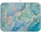 Marble Dish Drying Mat for Kitchen Counter Blue Teal Turquoise Gold Drying Mat 16 x 18 Inch with High Absorbent Reversible Microfiber Dish Drying Pad Dish Rack Pad Drainer Mat for Coffee Bar