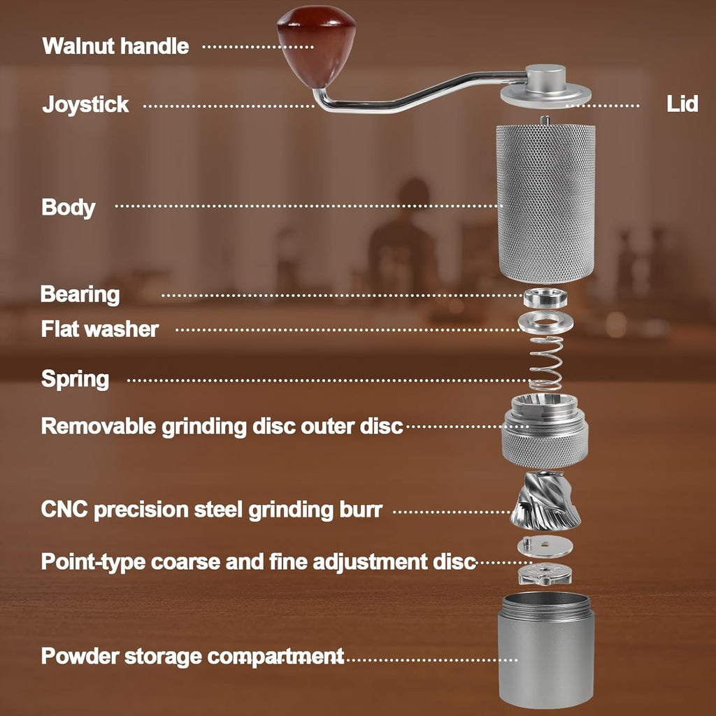 Manual Coffee Grinder Detachable Stainless Steel Conical Burr Aluminum Coffee Bean Grinder with 25 Grinding Settings Cleaning Brush Grindable Espresso Moka Pot French Press for Camping Silver