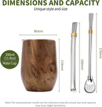 Yerba Mate Cup with Lid, 2 Bombillas, Cleaning Brush, 11.8oz Stainless Steel Double-Wall Insulated Gourd (Wood)