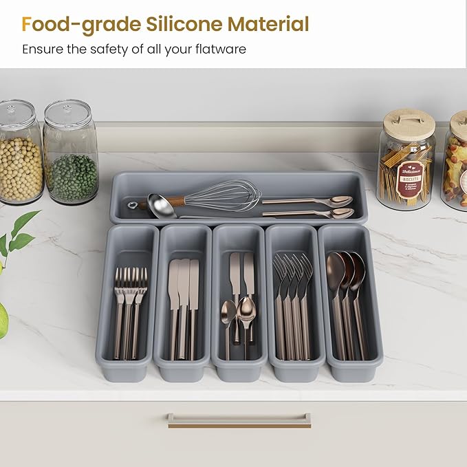 6 Pack Silicone Drawer Organizer for Kitchen, DIY Free Combination Silverware Organizer, Utensil Drawer Organizer, Moisture-proof and Heat-resistant up to 200°C, Anti-slip and Environmentally (Grey)