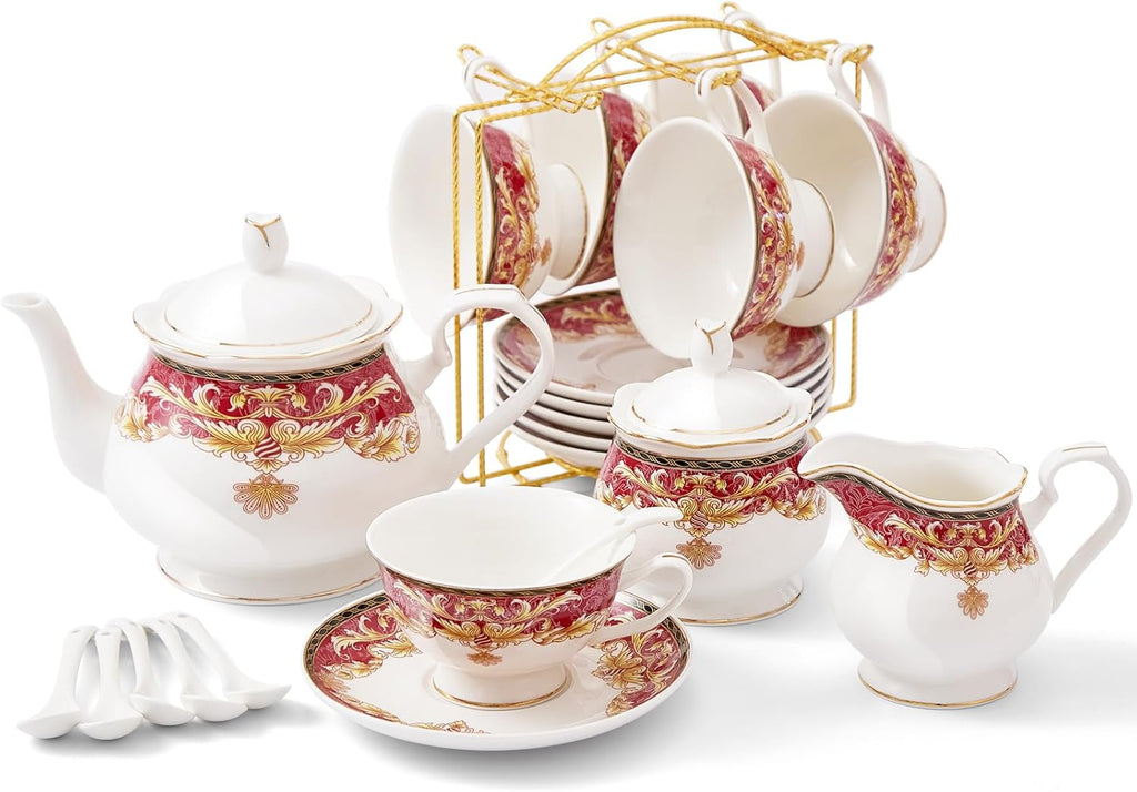 DUJUST 22 pcs Royal Vintage Porcelain Tea Set for 6, Luxury British Tea Sets for Adults with Red Patterns & Golden Trim, Beautiful Floral Tea/Coffee Cup Set, Gift Package - Royal Treat for You