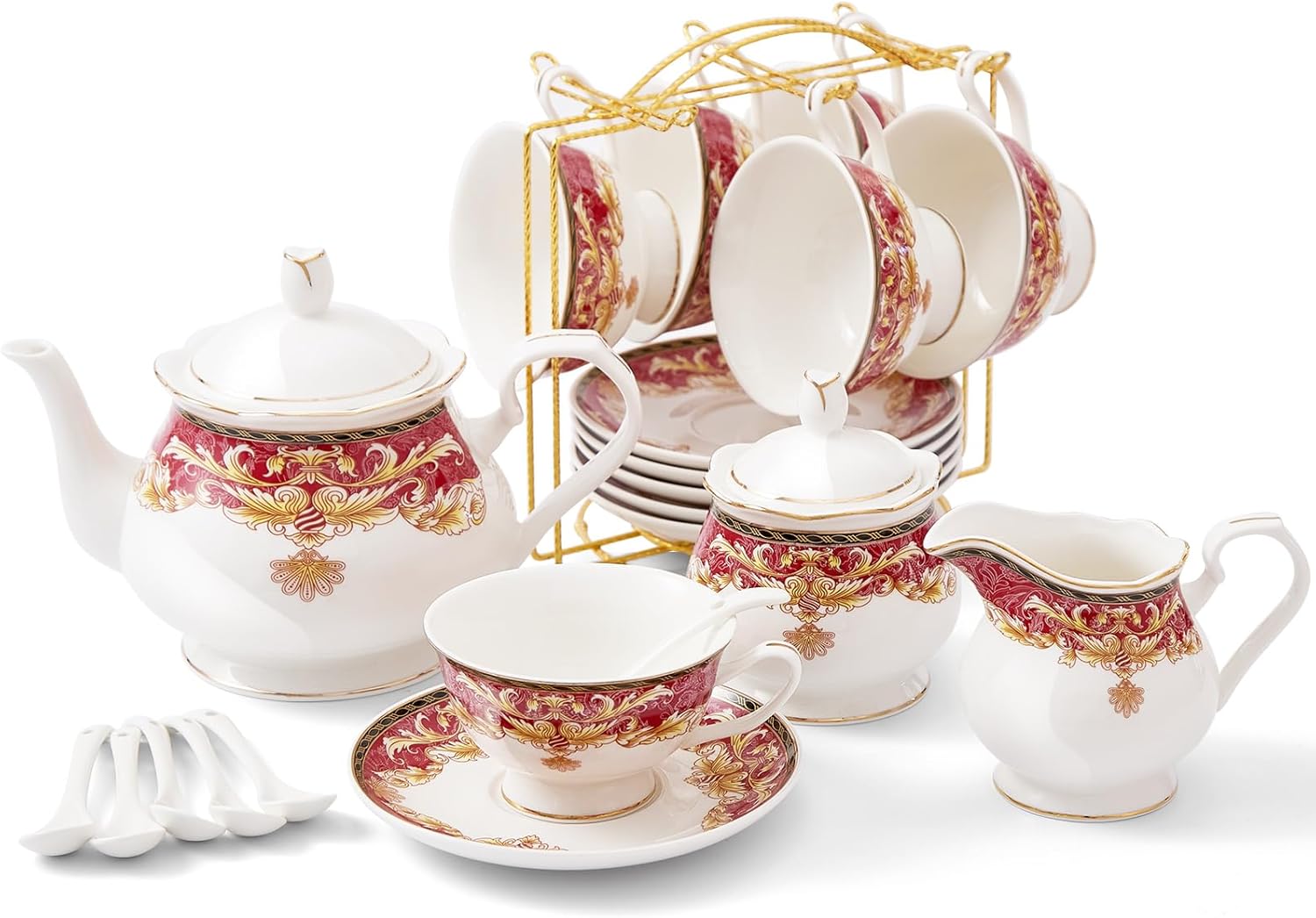 DUJUST 22 pcs Royal Vintage Porcelain Tea Set for 6, Luxury British Tea Sets for Adults with Red Patterns & Golden Trim, Beautiful Floral Tea/Coffee Cup Set, Gift Package - Royal Treat for You
