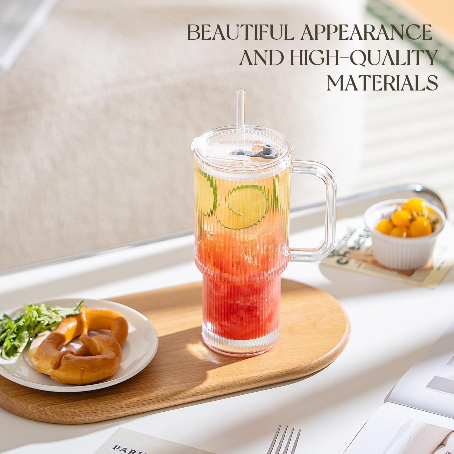 KEMORELA 2-Pack 26oz Ribbed Glass Tumblers with Handle & Lid – Large Iced Coffee Cups with Straws, Aesthetic Glass Mugs for Cold & Hot Drinks, Reusable Smoothie & Tea Cups (2PCS Ribbed Tumblers)