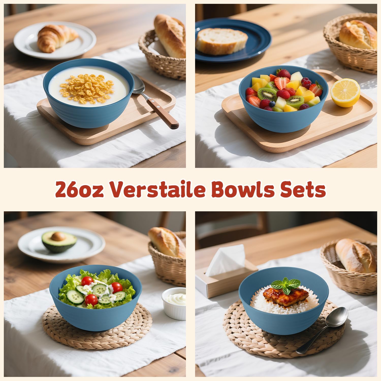 6-piece Wheat Straw Bowls sets 26oz,Alternative Plastic Bowls Reusable for indoors and outdoors,Microwave-able and Dishwasher Safe Bowls Sets Easy to Clean.Blue Series