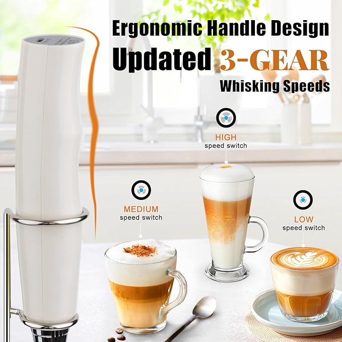 Nahida Beige Milk Frother Wand for Coffee,Handheld Rechargeable Electric Whisk with Stand