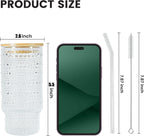 11 oz Drinking Glasses Cups Set of 2 with Bamboo Lids Straws Brush Vintage Small Glassware Set for Mojito Iced Coffee Cocktail Whiskey(Ribbed & Hobnail)