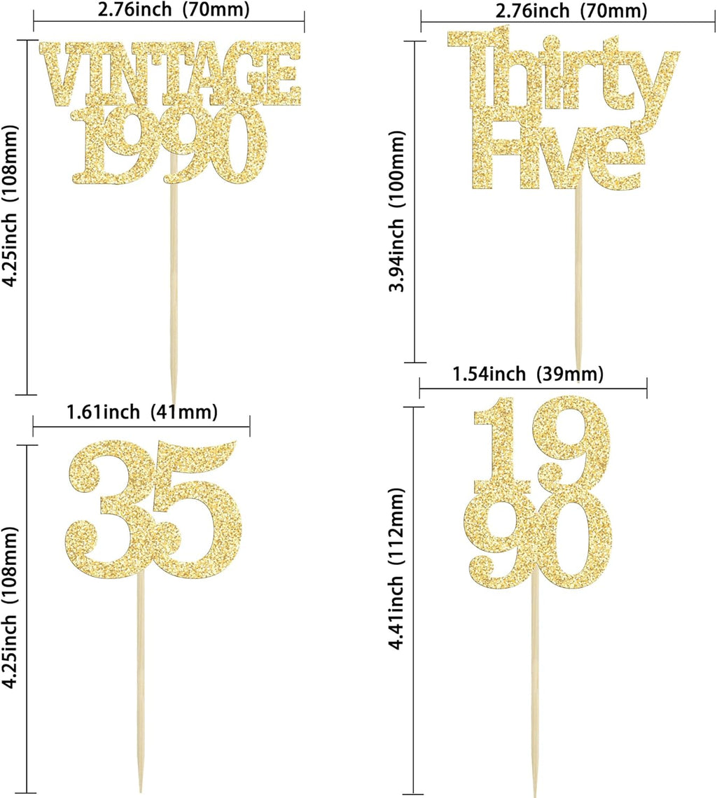 Gyufise 24Pcs Happy 35th Birthday Cupcake Toppers Glitter Thirty Five 35 Fabulous Vintage 1990 Cupcake Picks for 30th Birthday Wedding Anniversary Party Cake Decorations Supplies Gold