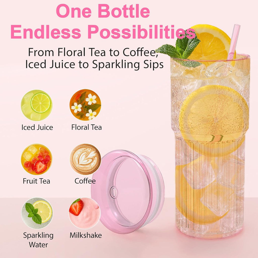 20oz Glass Cups with Lids and Straws - Set of 4 Reusable Tumblers, Thickened Shatter-Resistant Glass, Ideal for Iced Coffee, Smoothies, Cocktails, Juices - Elegant & Durable Drinkware (Pink)