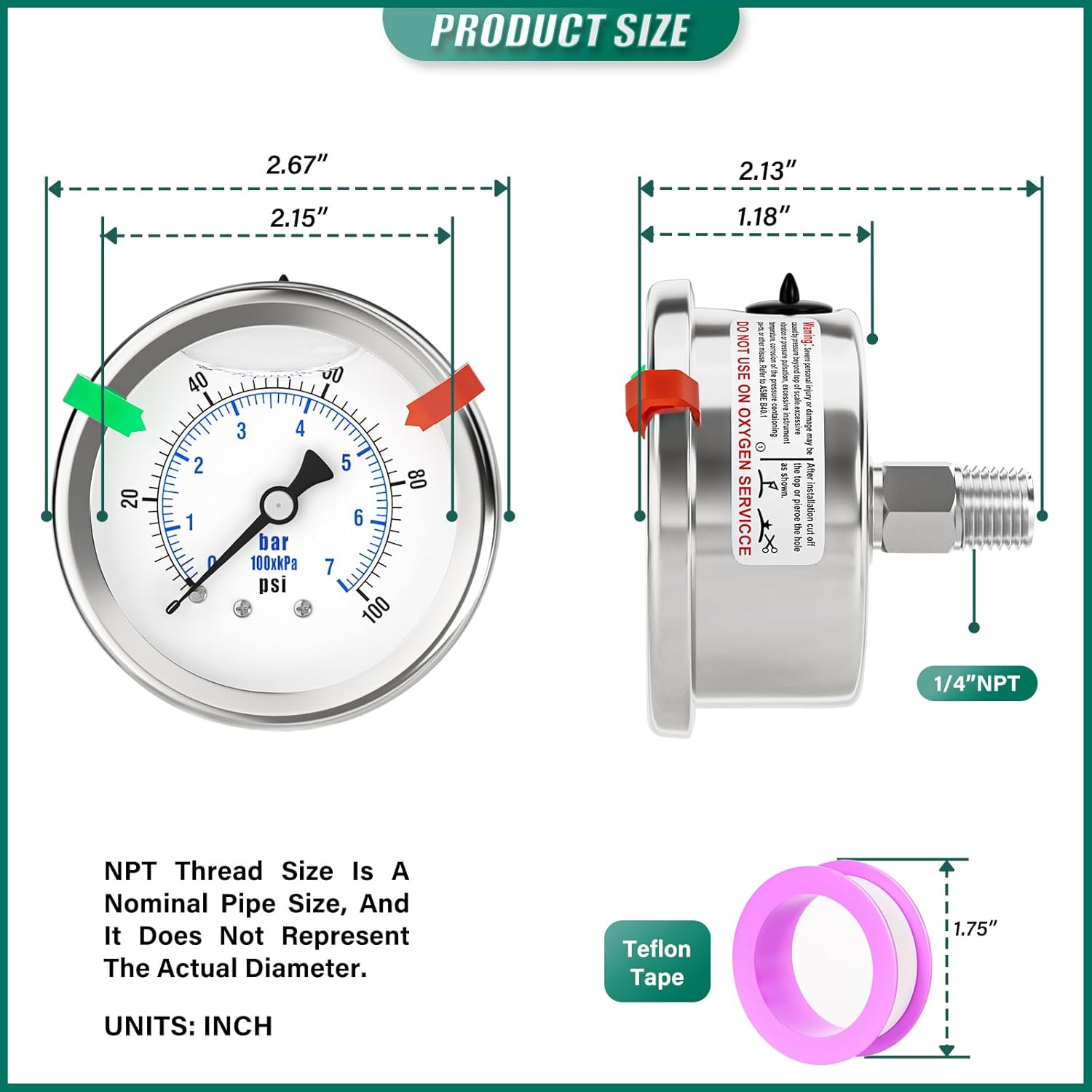 0-100PSI Stainless Steel Liquid Filled Pressure Gauge, 2.5" Dial Size, 1/4" NPT 316 Stainless Steel Joint, Back Mount, for Tube, Water Pump, Gas, Liquid (with Range Mark Pointer)