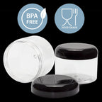 Cornucopia Brands 12 Ounce Clear Plastic Jars w/Black Plastic Lids (6-Pack); BPA Free PET Stackable Canisters for Bathroom & Kitchen Storage