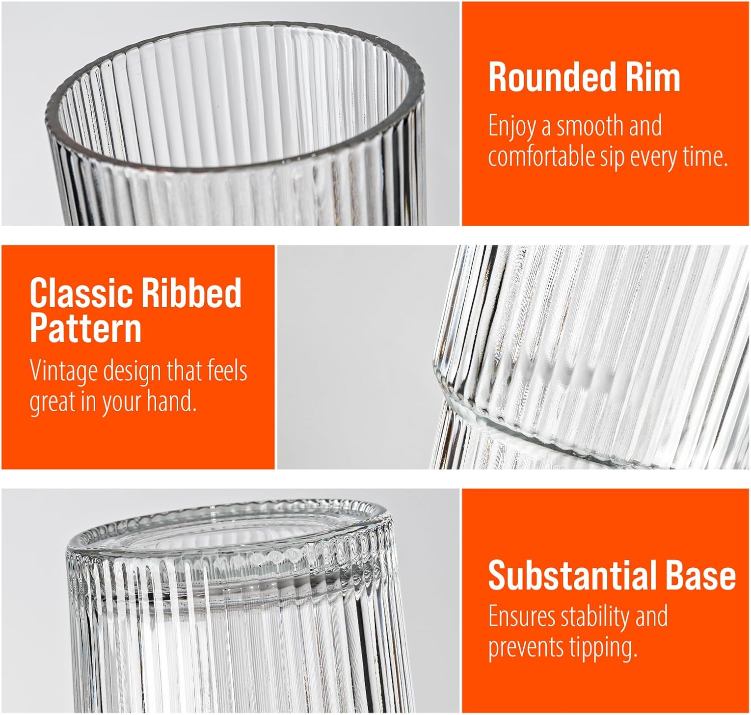 20oz Ribbed Glass Tumblers with Lids & Straws, Ideal for Iced Coffee, Cocktails & More - Includes Cleaning Brush