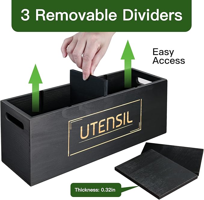 Utensil Holder Extra Large Utensil Organizer with 4 Compartments, Wooden Rustic Utensil Crocks for Kitchen Counter, Farmhouse Cooking Utensil Caddy Countertop Spatula Silverware Spoon Holder - Black