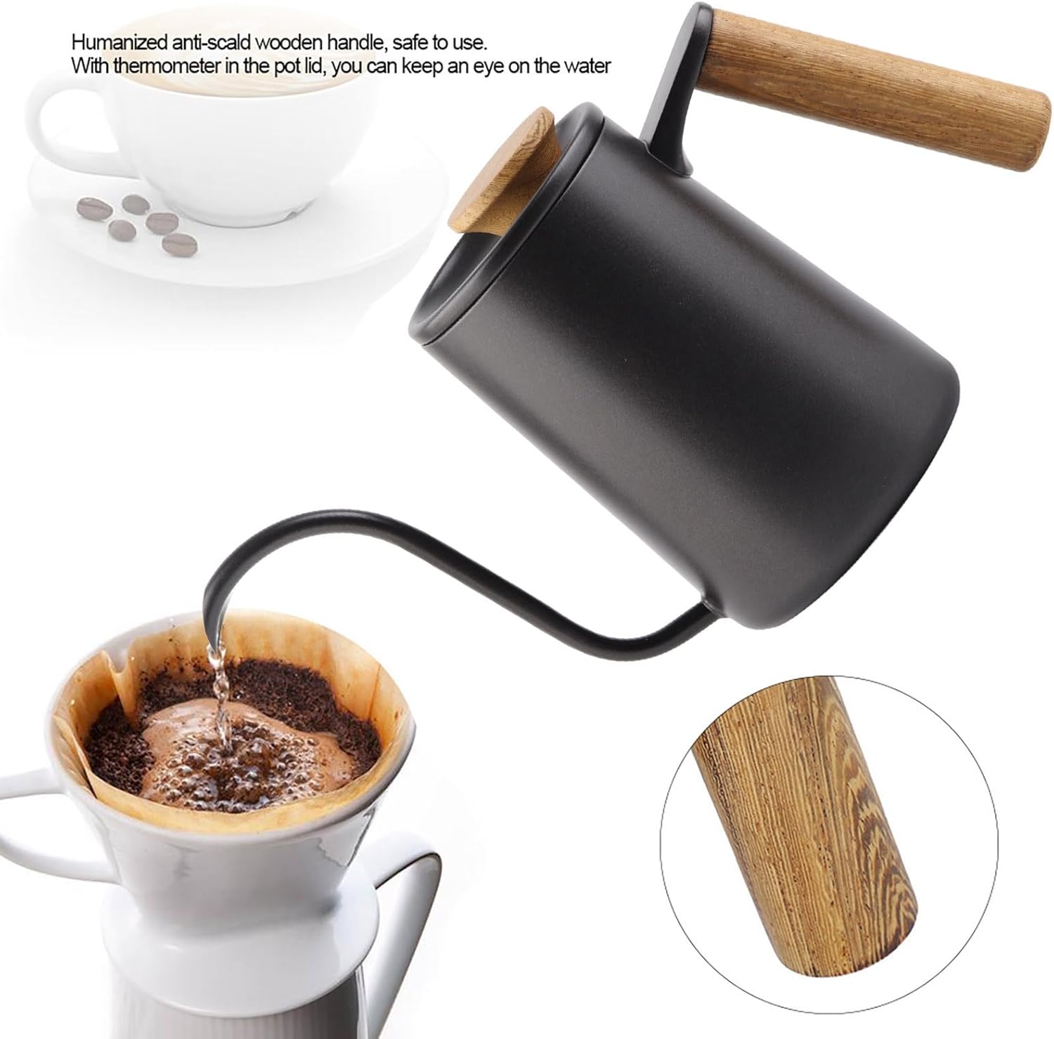 Pour Over Coffee Kettle 600ml - Stainless Steel Handle, Long Narrow Gooseneck Spout Drip Coffee Pot (Black)