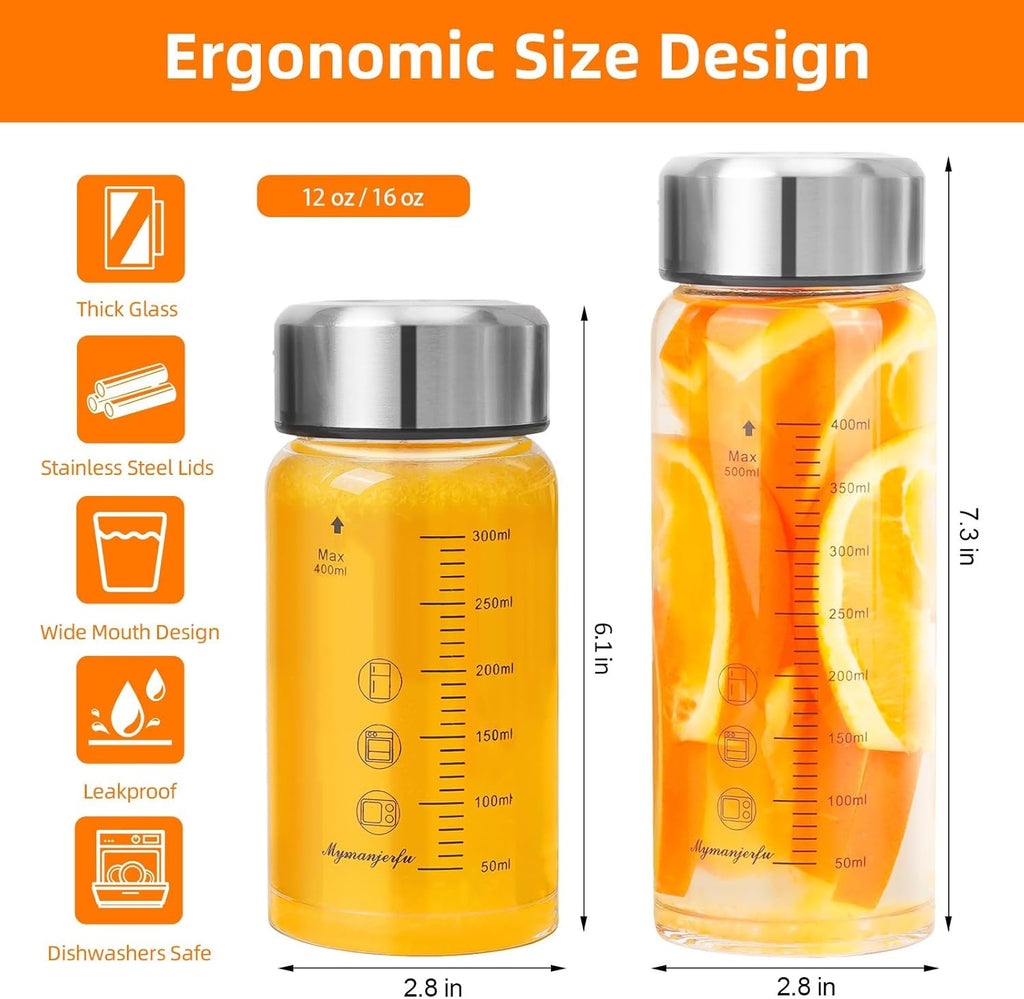Glass Juice Bottles 12 oz - Wide Mouth Glass Water Bottles with Lids and Sleeve- for Juicing, Smoothies, Milk, Protein, Reusable, Stainless Steel Lids, Leak Proof, Shaker bottle (12oz/400ml)