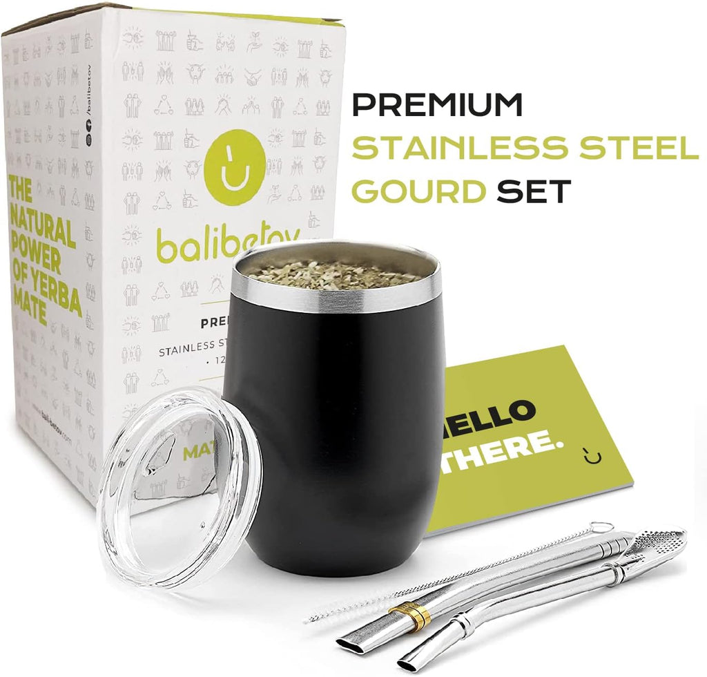 BALIBETOV 5 pcs large Yerba Mate Cup and Bombilla Kit, Includes one 12 oz Yerba Mate Gourd with Lid, Two Bombillas Mate Straw and one cleaning brush | Stainless steel | Double Walled