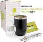 BALIBETOV 5 pcs large Yerba Mate Cup and Bombilla Kit, Includes one 12 oz Yerba Mate Gourd with Lid, Two Bombillas Mate Straw and one cleaning brush | Stainless steel | Double Walled