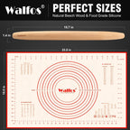 WALFOS French Rolling Pin and Silicone Baking Mat Set, Non-Stick Beech Wood Rolling Pin 15.7 Inch and Pastry Mat for Best Pie Crust, Cookie, Pasta and Pizza Dough