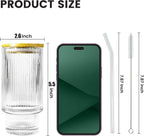 4 Pcs 11 oz Drinking Glasses Cups Set with Bamboo Lids Straws Brush Small Glassware Set for Mojito Iced Coffee Cocktail Whiskey(4 Mixed Pattern)