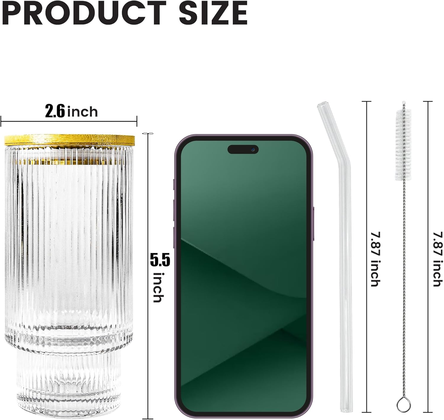 4 Pcs 11oz Drinking Glasses Cups Set with Bamboo Lids Straws Brush Small Embossed Glassware Set for Juice Iced Coffee Cocktail Whiskey(Begonia*4)