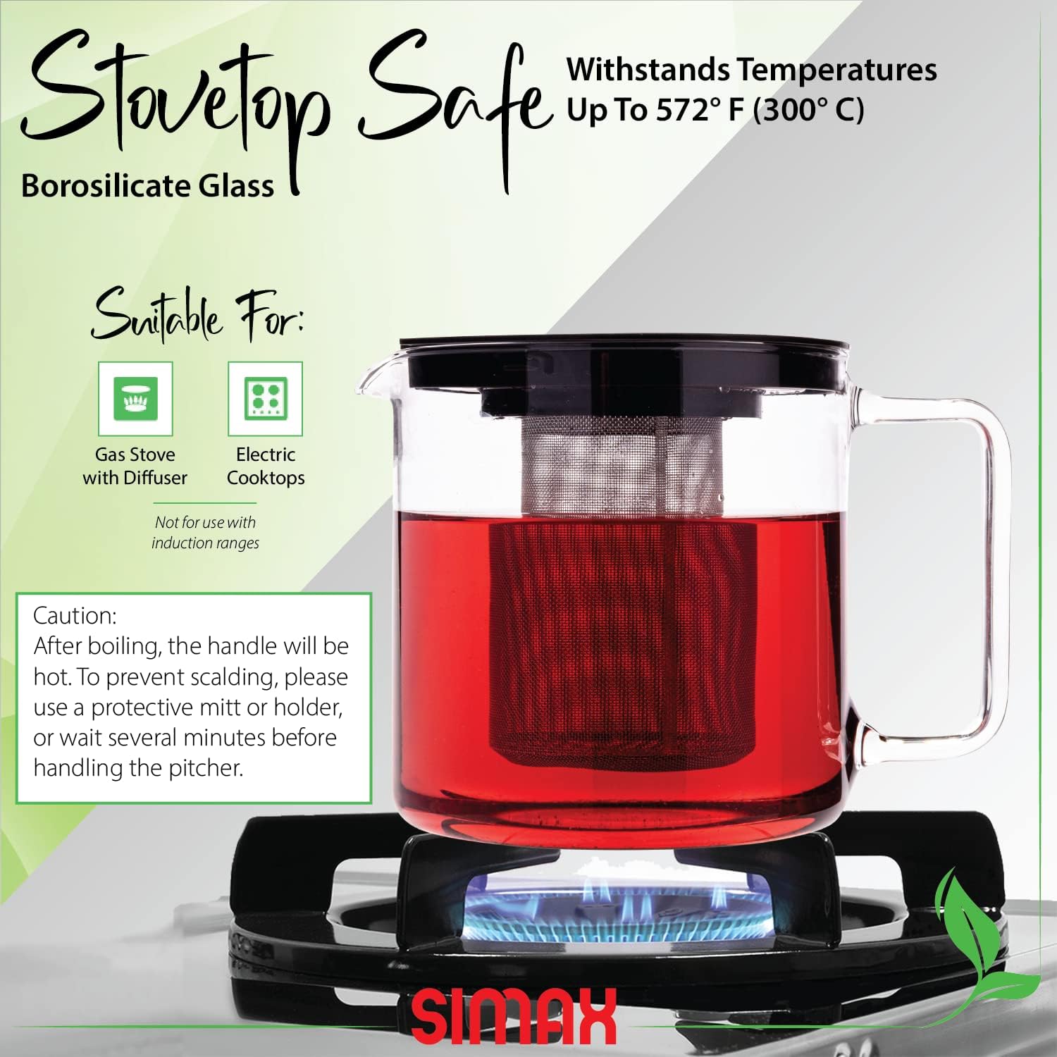 Simax Glassware 1 Quart Teapot with Metal Mesh Infuser | Plastic Lid, Microwave and Stovetop Safe, Heat, Cold, and Thermal Shock Resistant Borosilicate Glass, Makes a Stunning Presentation