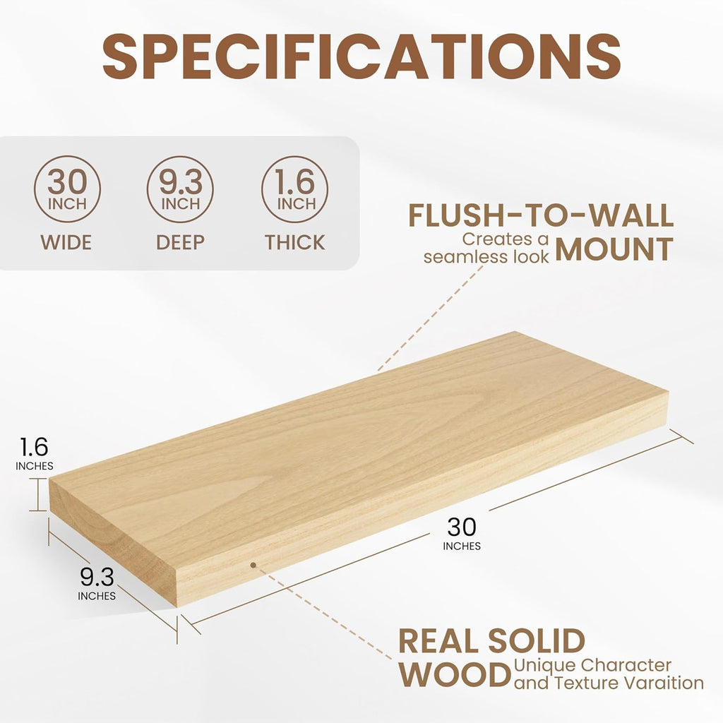Fun Memories Deep Floating Shelves 30 Inch Long, Natural Wood Floating Shelf for Wall, Set of 2, Rustic 9 Inch Deep Wall Shelves, Deep Bathroom Shelves for Storage & Display, Burlywood