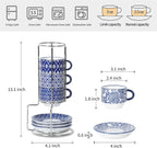 Selamica Ceramic Espresso Cups with Saucers and Metal Stand, 2.5 OZ Stackable Demitasse Cups for Espresso Latte Café Mocha Tea, Set of 4, Vintage Blue