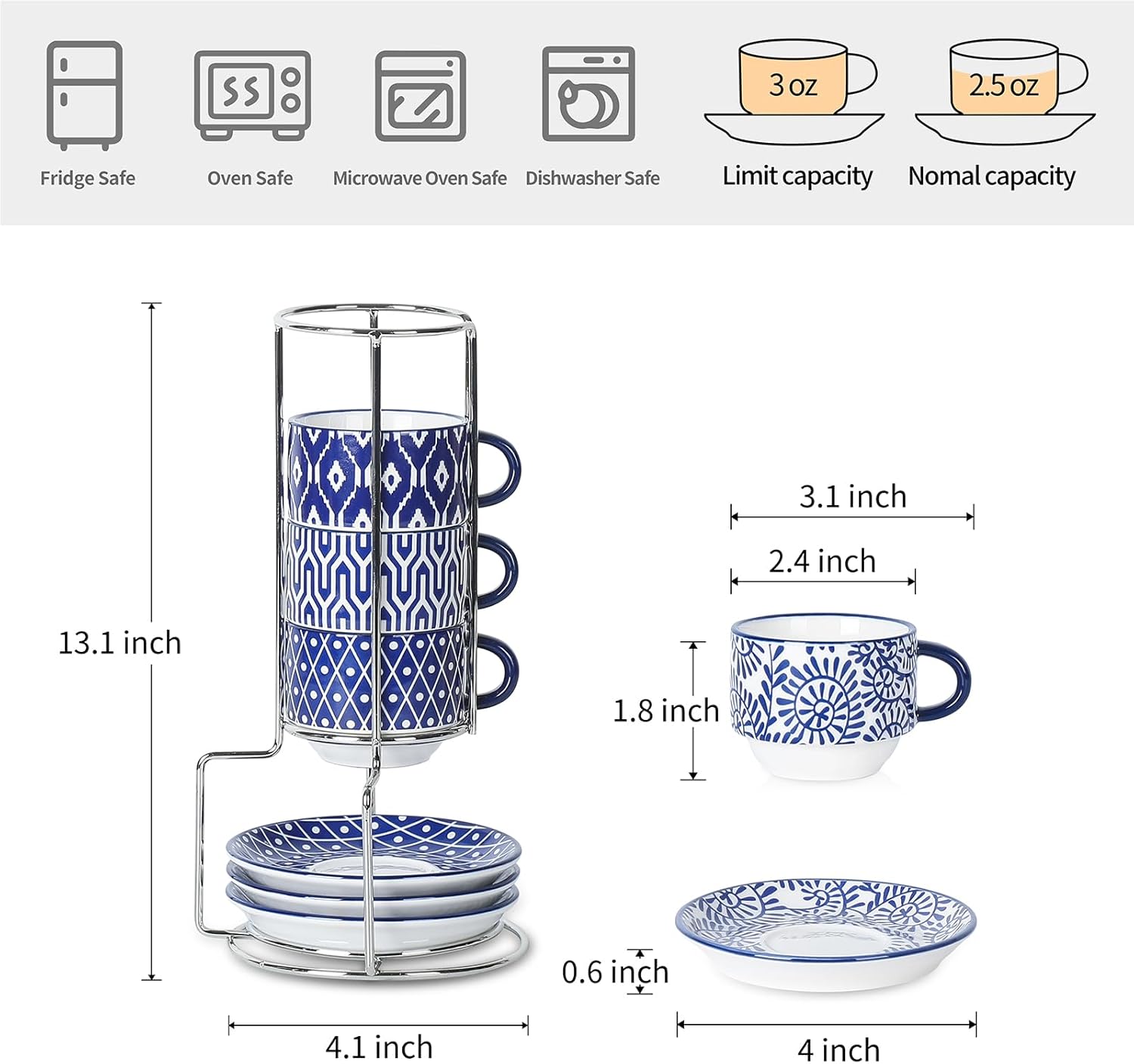 Selamica Ceramic Espresso Cups with Saucers and Metal Stand, 2.5 OZ Stackable Demitasse Cups for Espresso Latte Café Mocha Tea, Set of 4, Vintage Blue