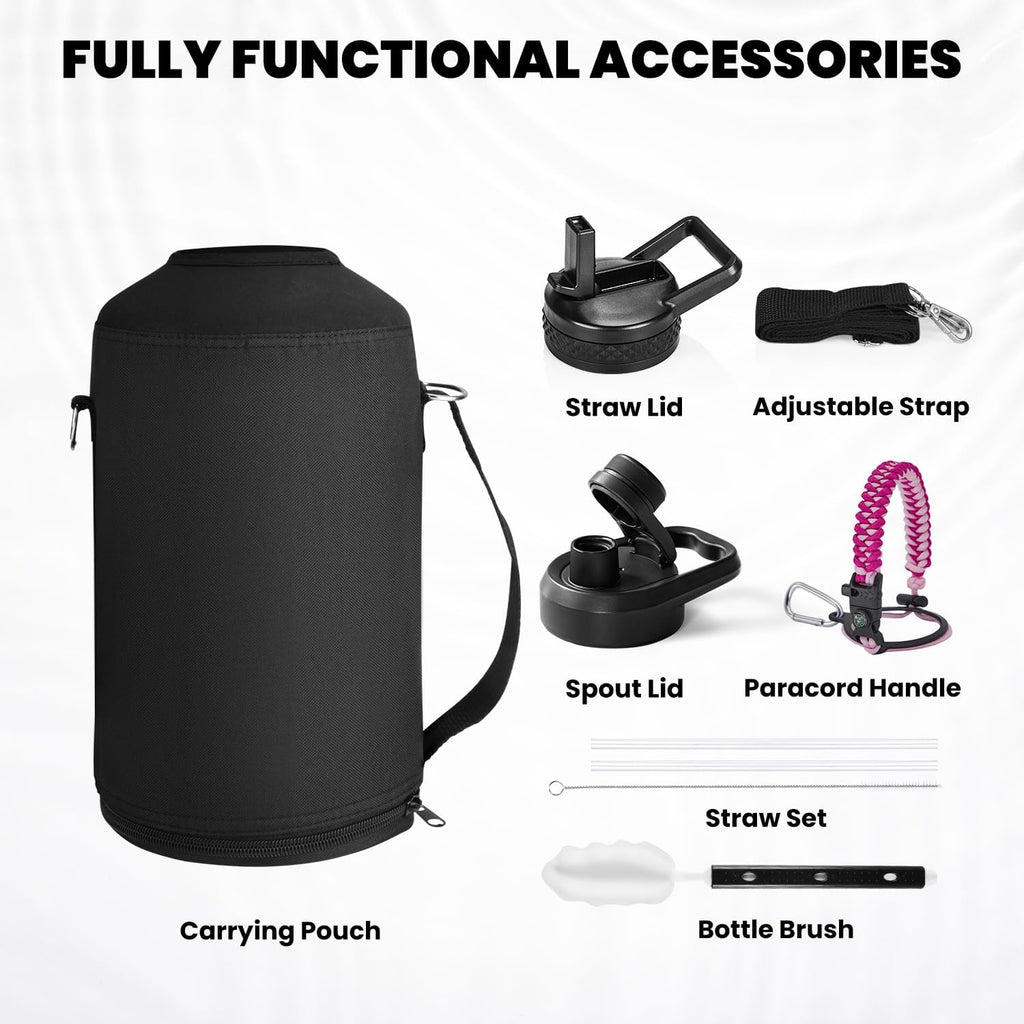 One Gallon Water Bottle Insulated, Triple Walled Vacuum Stainless Steel (Cold for 48 Hrs), Leak Proof & Non-BPA, Large Water Flask Jug with Paracord Handle & Straw Spout Lids