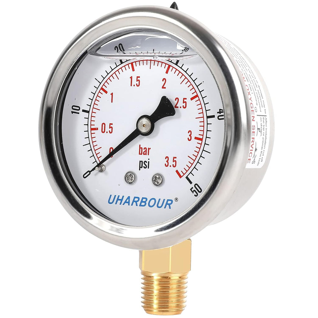 Glycerin Filled Low Pressure Gauge 50psi/3.5bar, Stainless Steel case, Brass Inside Construction, 2-1/2" dial, 1/4" NPT Rear Connection.