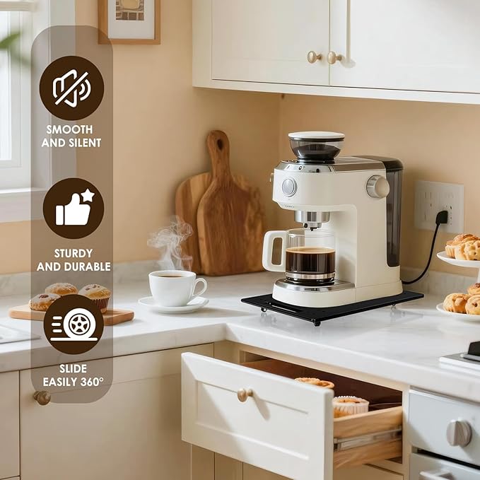 360° Sliding Tray for Coffee Maker & Kitchen Appliances - Silent Rubber Wheels, Acrylic Organizer Tray for Under Cabinet - Space Saving Countertop Accessory, 7.6x14 Inch (Black)