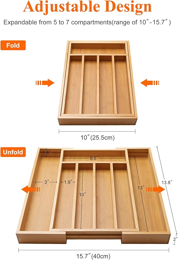 Expandable Large Kitchen Utensil Organizers Bamboo Silverware Drawer Organizer Tray Adjustable Flatware Organizer Fork Spoon Wood Cutlery Tray Cooking Utensils Holder Drawer Divider Silverware Trays