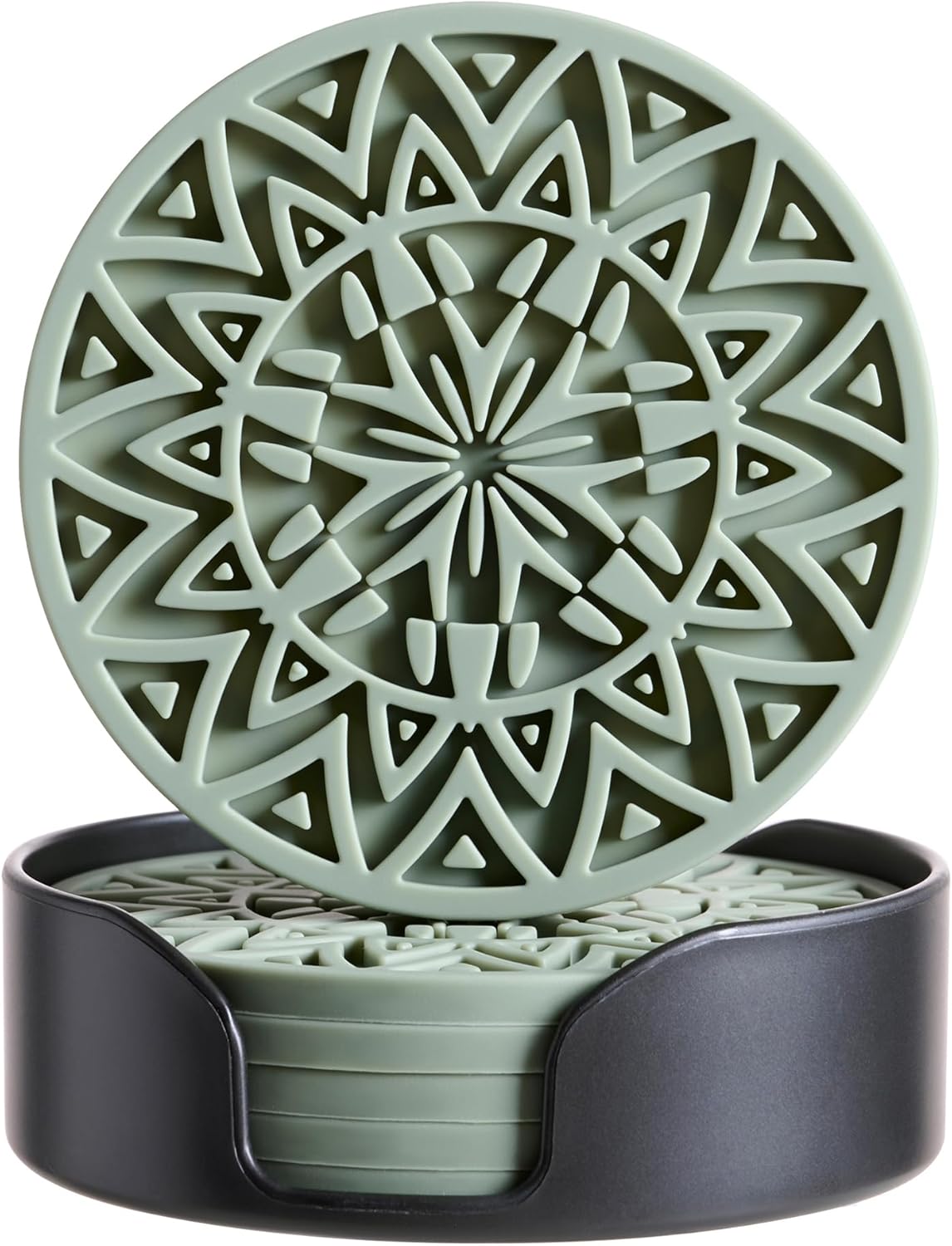 Set of 6 Olive Green Silicone Coasters with Holder, Drink Coasters with Tribal Pattern Shape- for Table Protection, Anti Slip, Nonstick, Heat Resistant, Deep Tray
