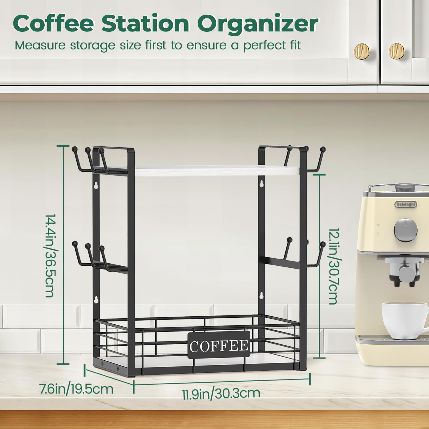 EsLuker.ly Coffee Mug Cup Holder Stand Bar Station Organizer for Countertop, Multi-Functional 2 Tier Mug Tree Rack for Kitchen, Storage Shelf with 12 Hooks, White-Black(Patented Design)