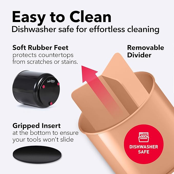 Rotating Extra Large Peach Plastic Utensil Holder Caddy with Sturdy No-Tip Weighted Base, Removable Divider, and Gripped Insert - Dishwasher Safe Kitchen Utensil Holder for Countertop