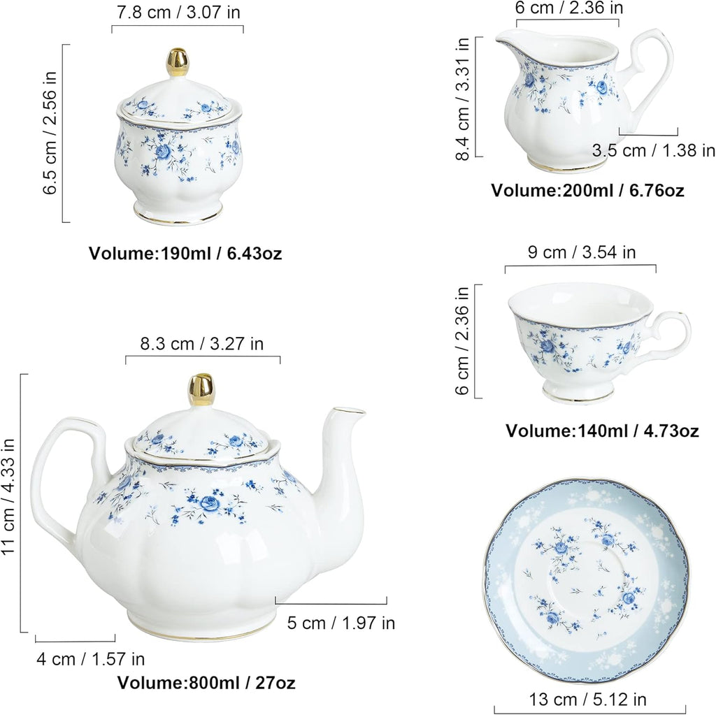 fanquare 15 Piece Blue Rose Porcelain Tea Set, British Floral Teapot with Tea Cups, Women Tea Party Set for 6