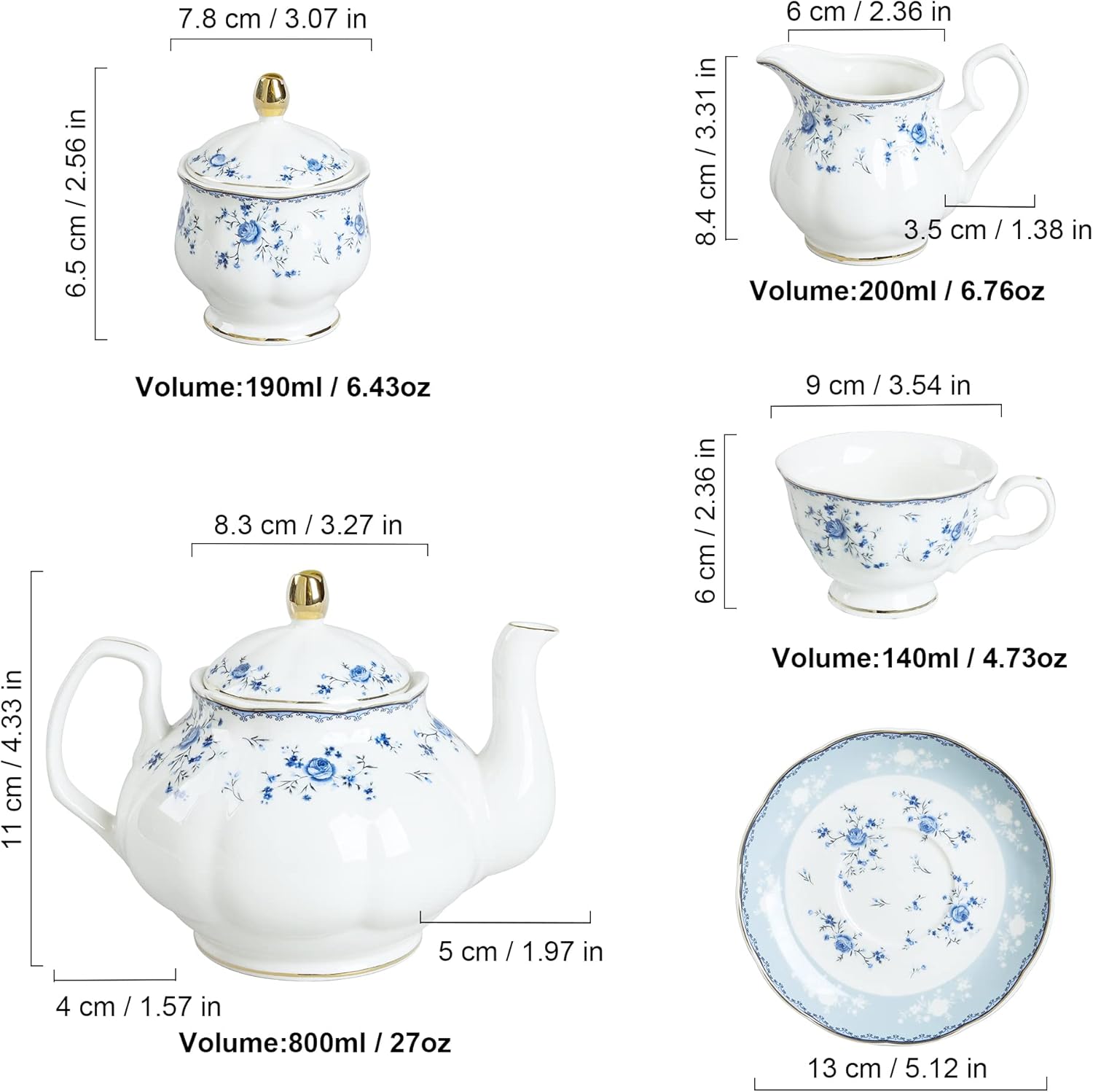 fanquare 15 Piece Blue Rose Porcelain Tea Set, British Floral Teapot with Tea Cups, Women Tea Party Set for 6