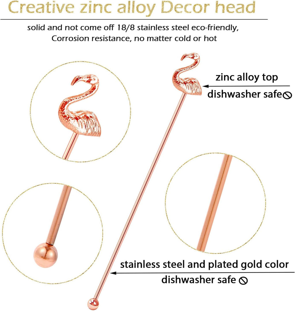 4 Pcs Flamingo Cocktail Stirrers Swizzle Sticks Stainless Steel 7.28" Coffee Stir Sticks with Decor Top for Mixing Cocktail, Hot Cocoa, Creamer, Rose Gold
