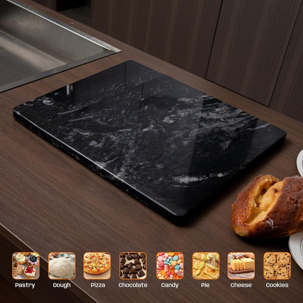 Black Marble Cutting Board For Kitchen, Large Marble Slab Pastry Board With Non-Slip Feet For Baking, Cheese, Charcuterie, Chocolate, 16x20 Inch