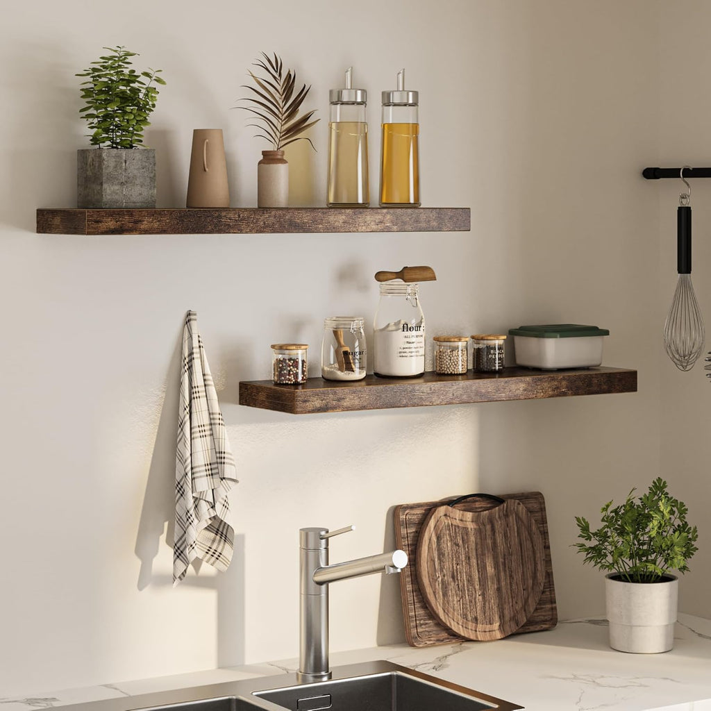 Floating Shelves for Wall, 36"W x 8"D x 1.5"H, Wooden Wall Mounted Display Shelves with Invisible Brackets for Living Room, Bedroom, Bathroom, Kitchen Decor and Storage, Set of 2, Rustic Brown
