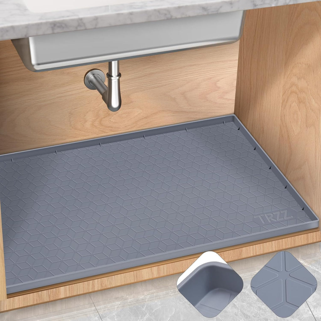 TRZZ Silicone Waterproof Under Sink Mat 34" x 19", Drip Tray and Cabinet Liner for Kitchen and Bathroom, Prevents Water Damage and Organizes Cabinets (Grey)